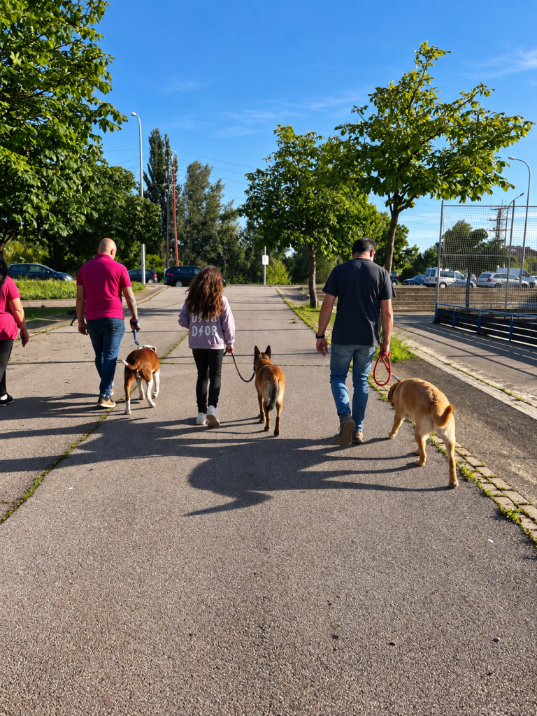 Personas paseando con sus perros con correa en un entorno urbano